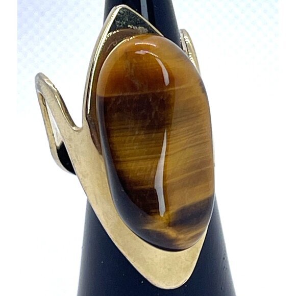 Large Tigers Eye Stone Gold-Tone Abstract Cocktail Statement Ring Size 6 Vintage - Picture 1 of 15